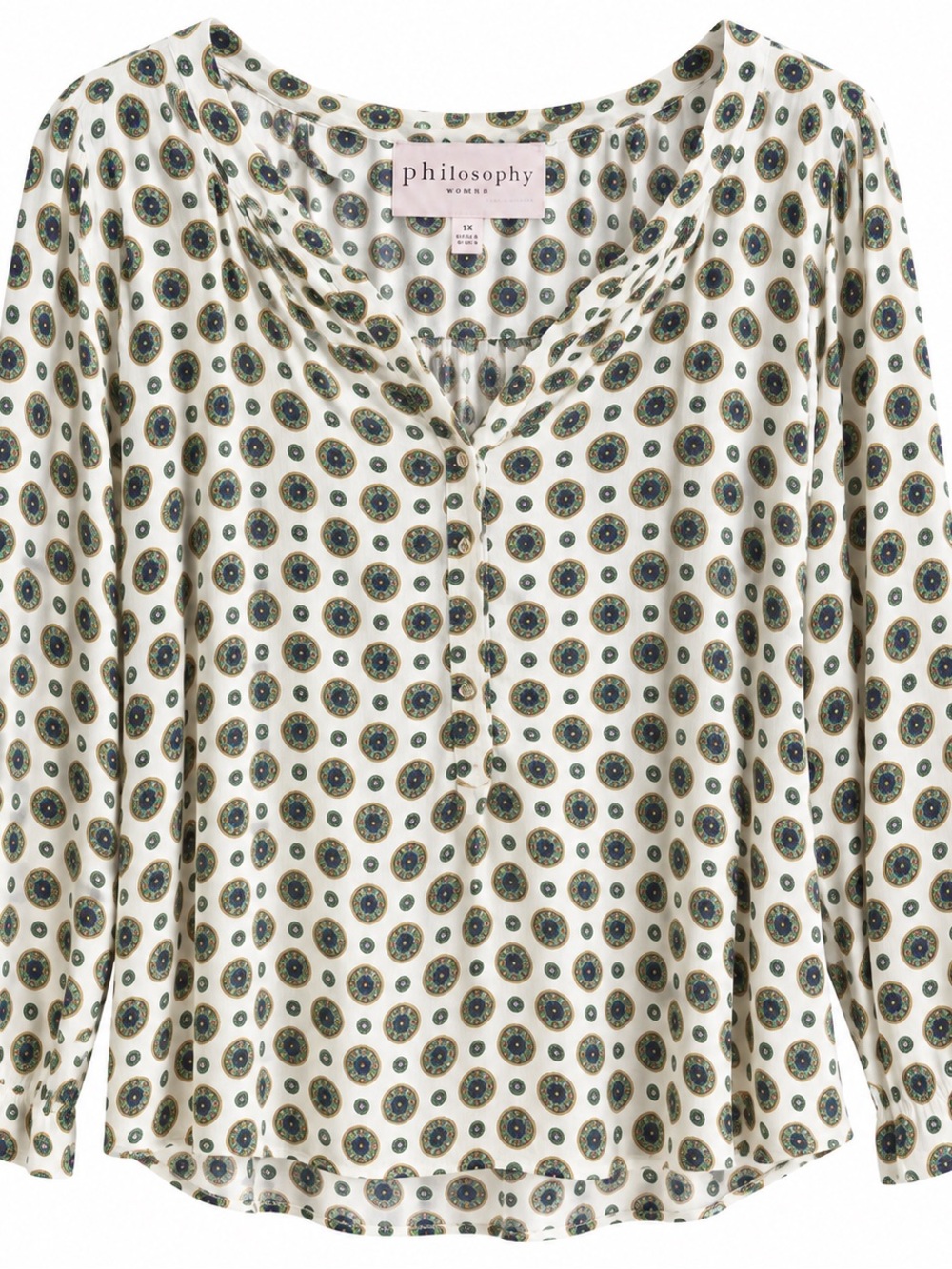 Philosophy Cream V-Neck Blouse with Blue and Green Medallion Print